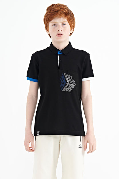 Black Front Detailed Printed Standard Fit Polo Collar Boys T-Shirt - 11102