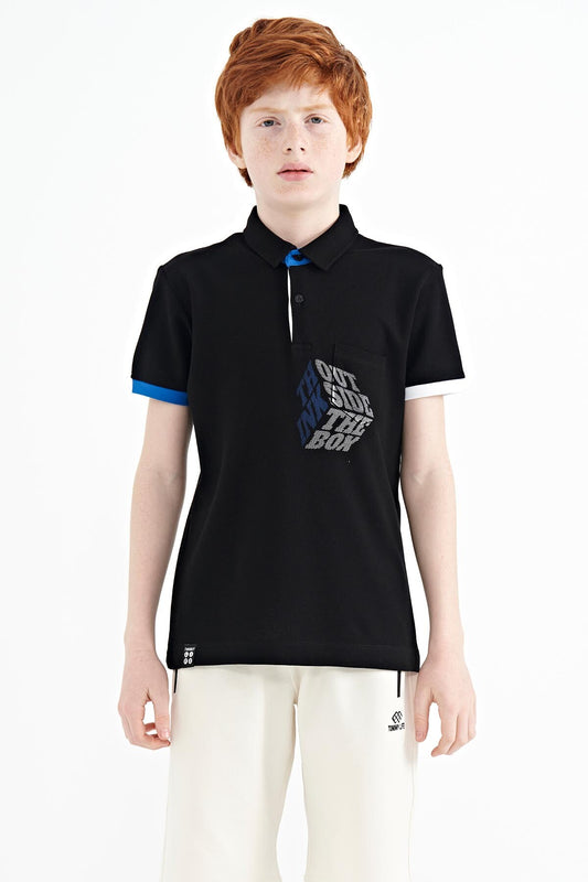 Black Front Detailed Printed Standard Fit Polo Collar Boys T-Shirt - 11102