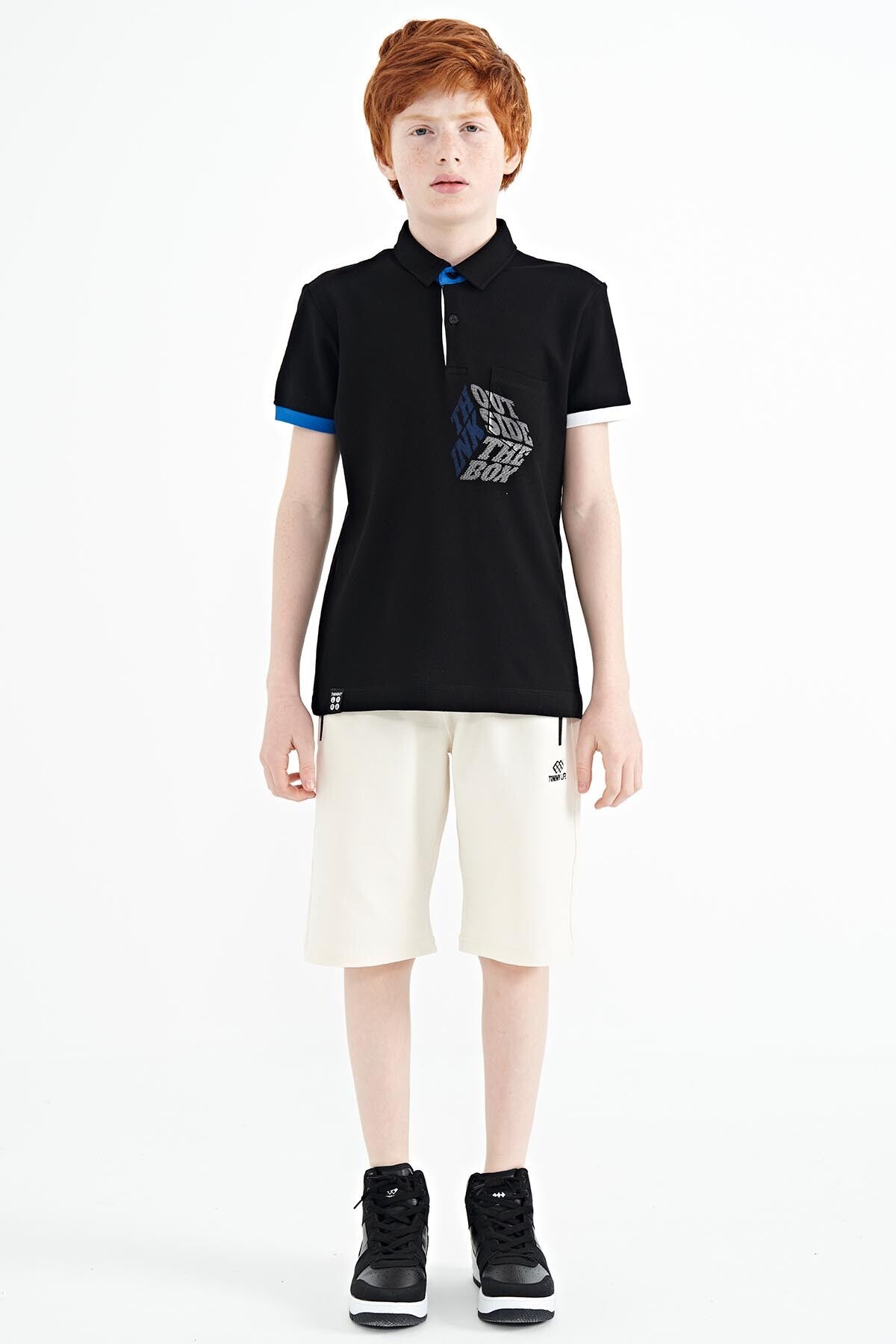 Black Front Detailed Printed Standard Fit Polo Collar Boys T-Shirt - 11102