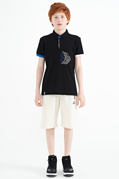 Black Front Detailed Printed Standard Fit Polo Collar Boys T-Shirt - 11102