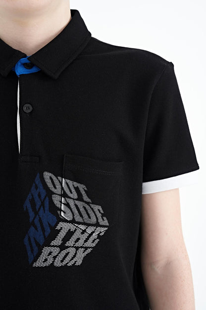 Black Front Detailed Printed Standard Fit Polo Collar Boys T-Shirt - 11102
