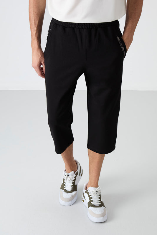 Black Front Pocket Detailed Standard Fit Classic Hem Men's Capri - 83092