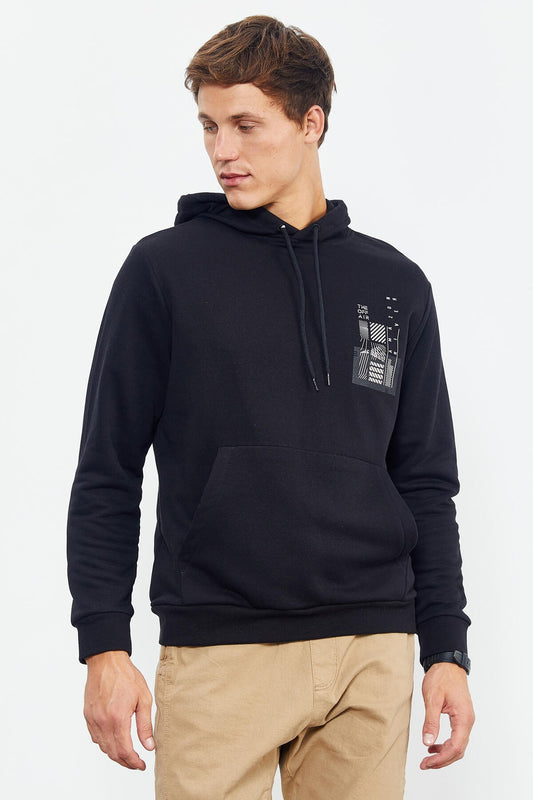 Black Front and Back Print Comfort Fit Men's Hooded Sweatshirt - 88017