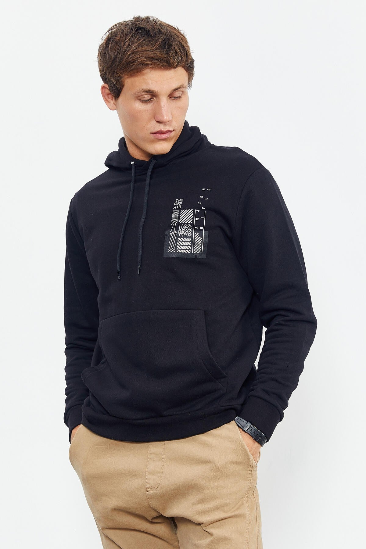 Black Front and Back Print Comfort Fit Men's Hooded Sweatshirt - 88017