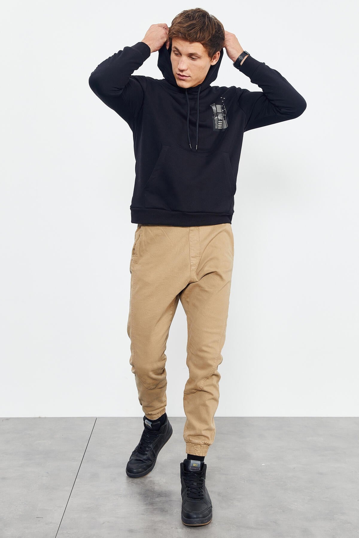 Black Front and Back Print Comfort Fit Men's Hooded Sweatshirt - 88017