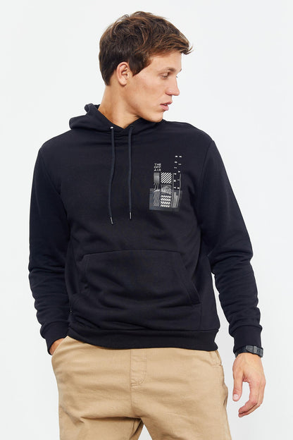 Black Front and Back Print Comfort Fit Men's Hooded Sweatshirt - 88017