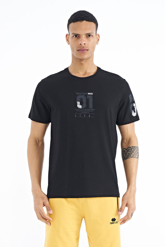 Black Front and Single Sleeve Print Detailed O Collar Men's T-shirt - 88176