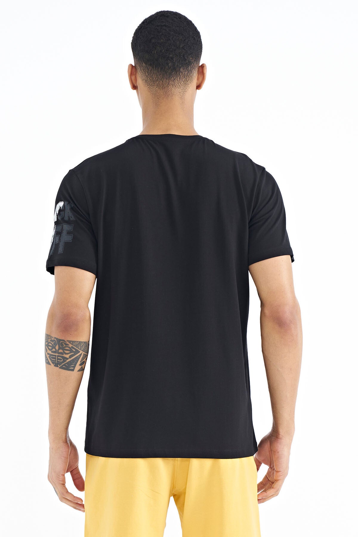 Black Front and Single Sleeve Print Detailed O Collar Men's T-shirt - 88176