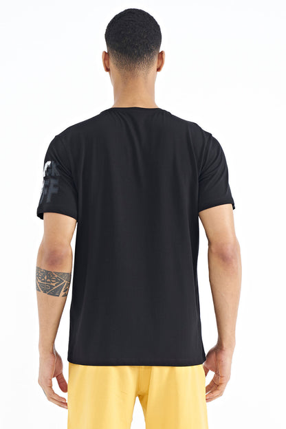 Black Front and Single Sleeve Print Detailed O Collar Men's T-shirt - 88176