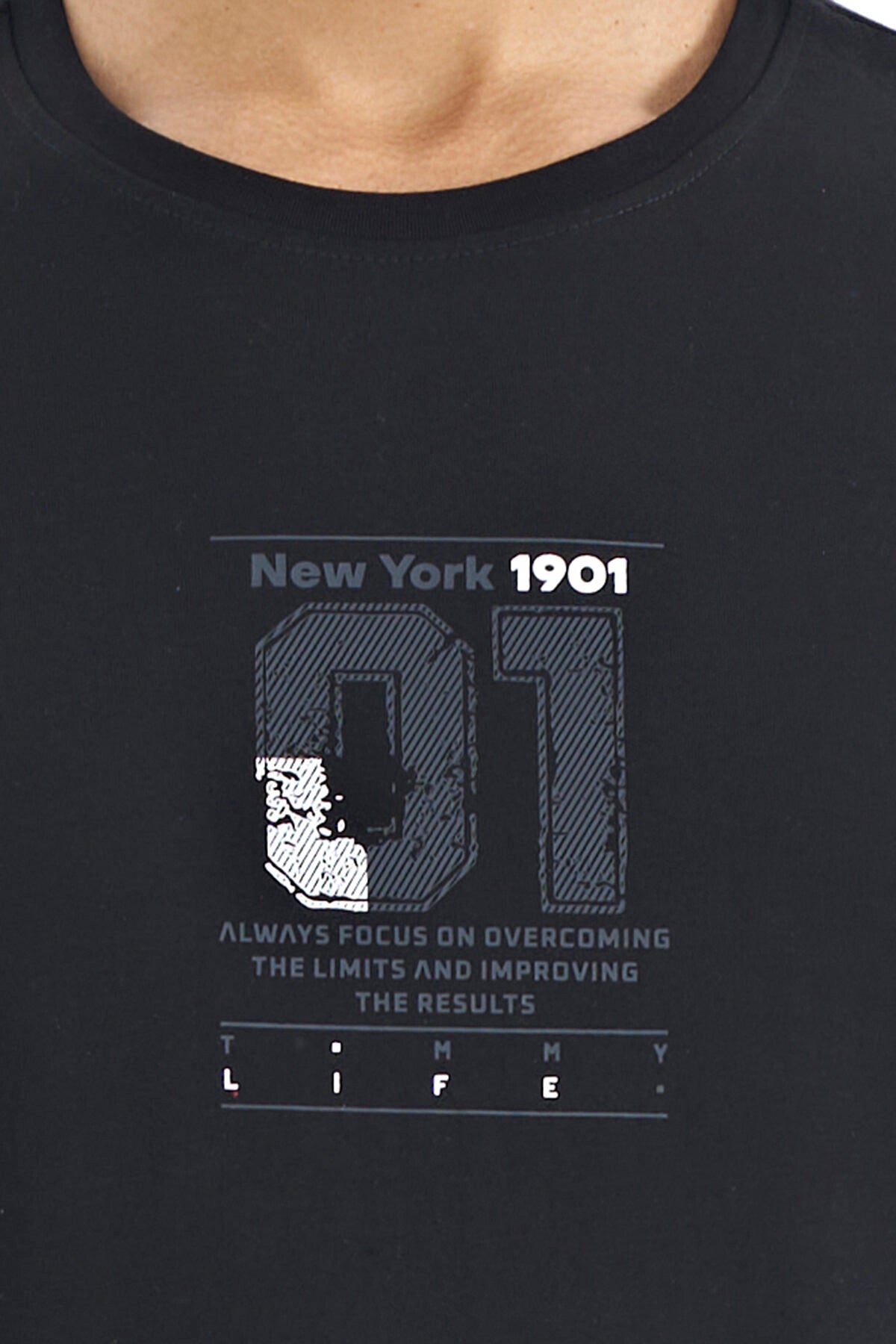 Black Front and Single Sleeve Print Detailed O Collar Men's T-shirt - 88176