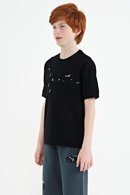 Black Front Embroidered O Collar Oversize Boys T-Shirt - 11147
