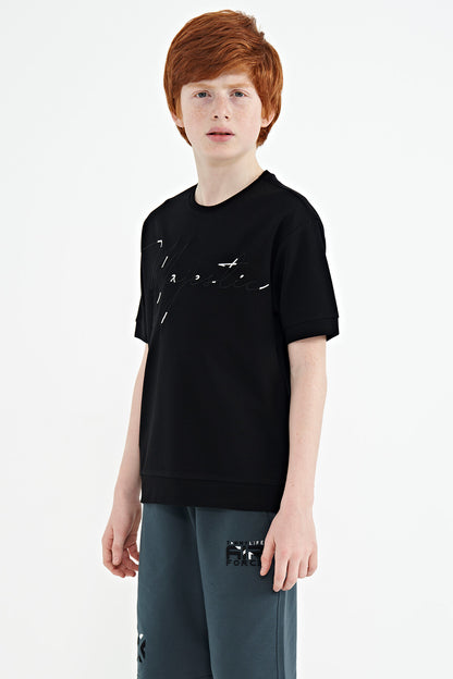 Black Front Embroidered O Collar Oversize Boys T-Shirt - 11147