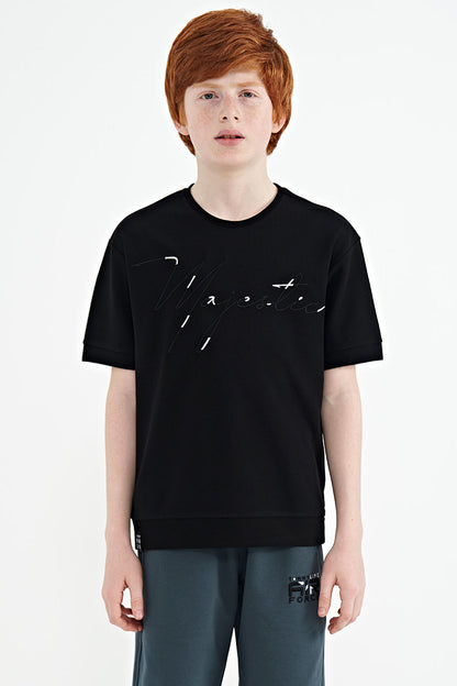 Black Front Embroidered O Collar Oversize Boys T-Shirt - 11147