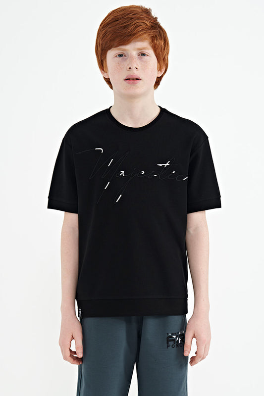 Black Front Embroidered O Collar Oversize Boys T-Shirt - 11147