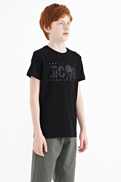 Black Front Embroidered O Collar Standard Fit Men's Kids T-Shirt - 11118