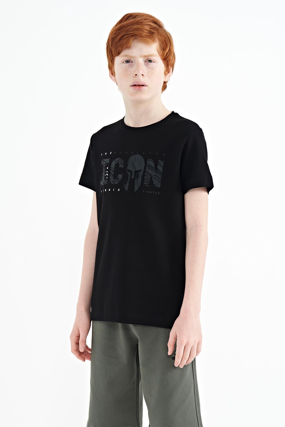 Black Front Embroidered O Collar Standard Fit Men's Kids T-Shirt - 11118