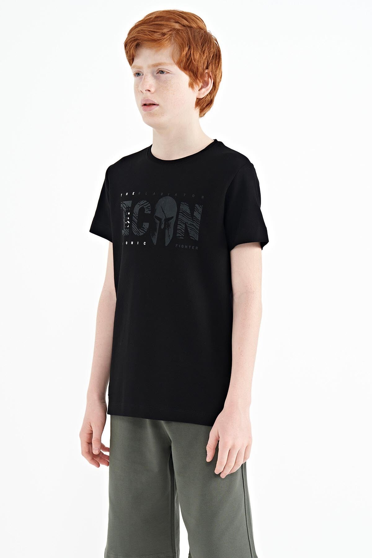 Black Front Embroidered O Collar Standard Fit Men's Kids T-Shirt - 11118