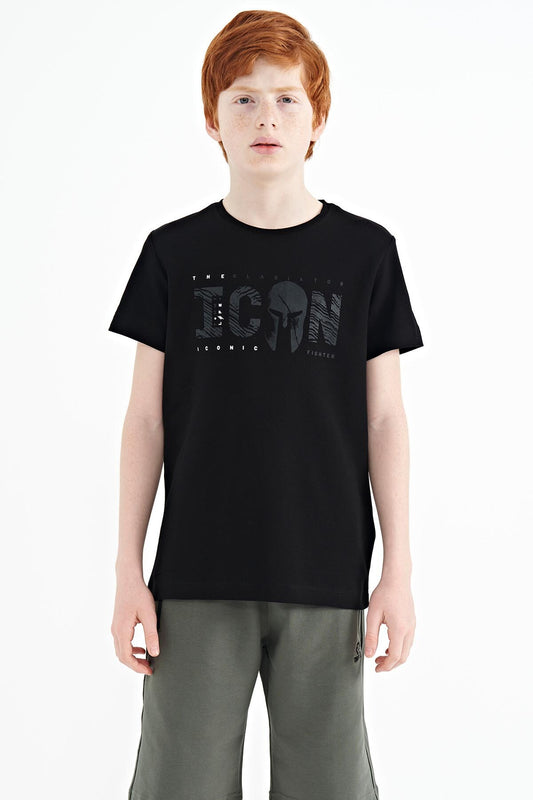 Black Front Embroidered O Collar Standard Fit Men's Kids T-Shirt - 11118