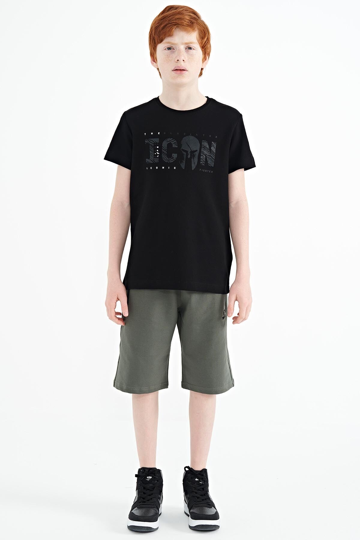 Black Front Embroidered O Collar Standard Fit Men's Kids T-Shirt - 11118