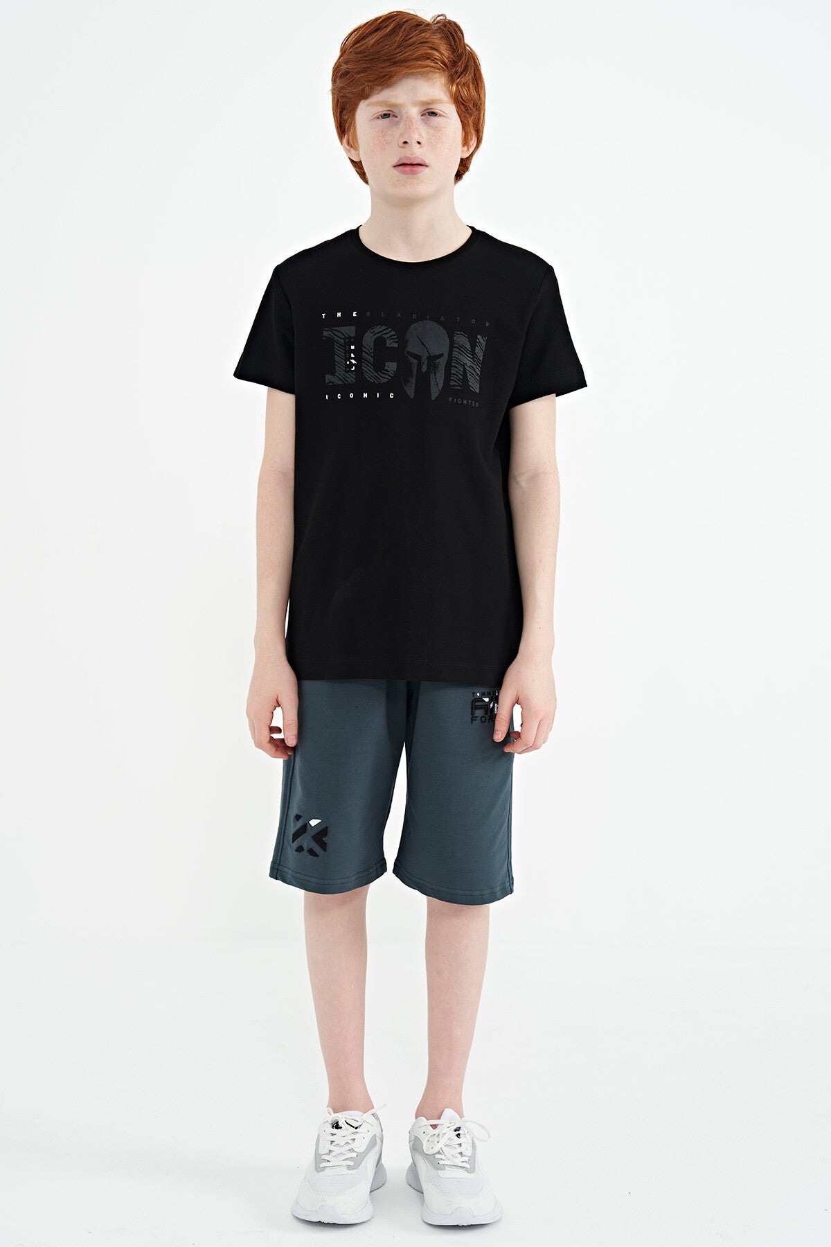 Black Front Embroidered O Collar Standard Fit Men's Kids T-Shirt - 11118