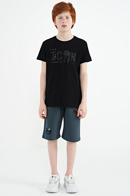 Black Front Embroidered O Collar Standard Fit Men's Kids T-Shirt - 11118
