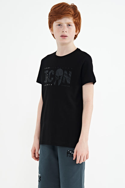 Black Front Embroidered O Collar Standard Fit Men's Kids T-Shirt - 11118