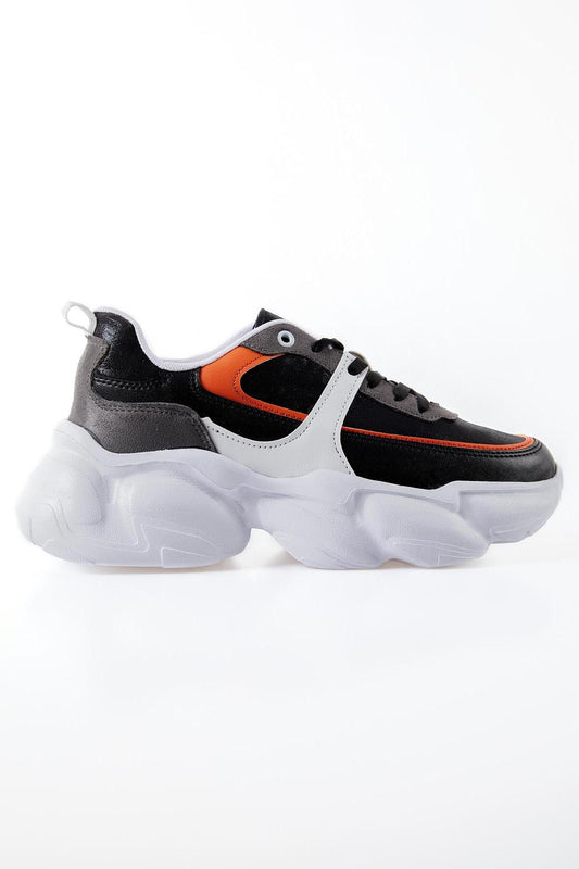 Black - Orange High-Top Laced Color Gradient PU Leather Women's Sneakers - 89206