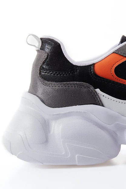 Black - Orange High-Top Laced Color Gradient PU Leather Women's Sneakers - 89206