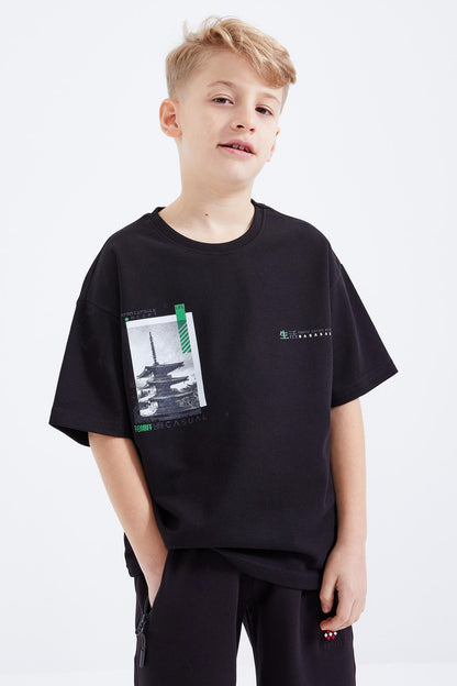 Black Oversize Printed Short Sleeve O Collar Boys T-Shirt - 10925
