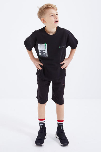 Black Oversize Printed Short Sleeve O Collar Boys T-Shirt - 10925