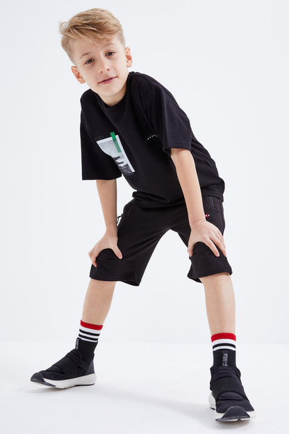 Black Oversize Printed Short Sleeve O Collar Boys T-Shirt - 10925