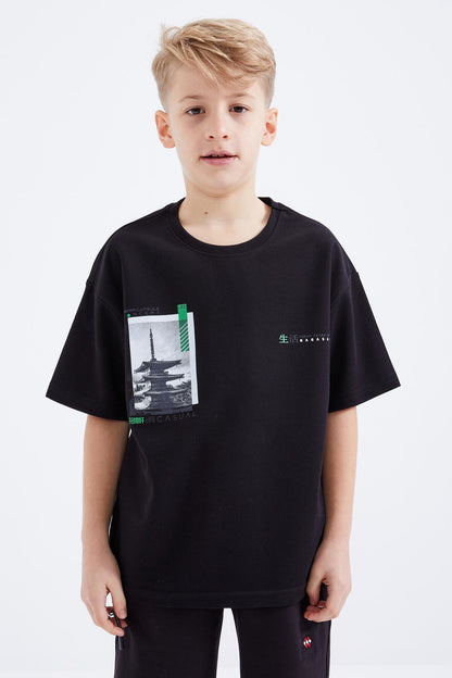Black Oversize Printed Short Sleeve O Collar Boys T-Shirt - 10925
