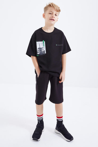Black Oversize Printed Short Sleeve O Collar Boys T-Shirt - 10925