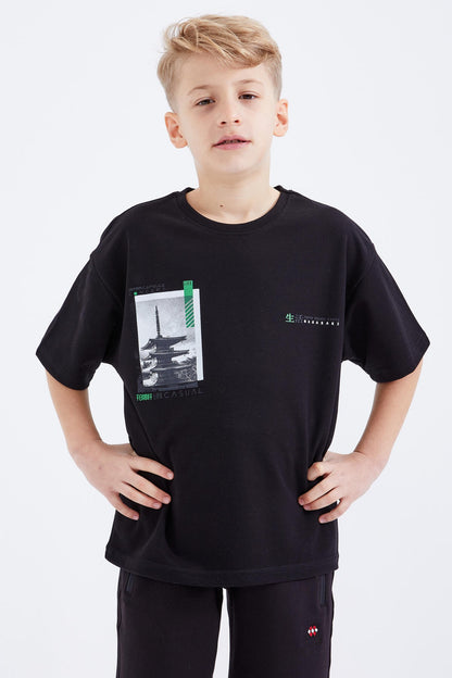 Black Oversize Printed Short Sleeve O Collar Boys T-Shirt - 10925