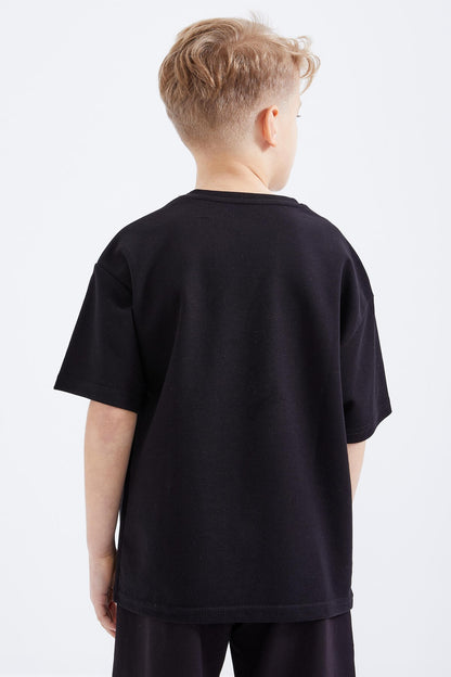 Black Oversize Printed Short Sleeve O Collar Boys T-Shirt - 10925