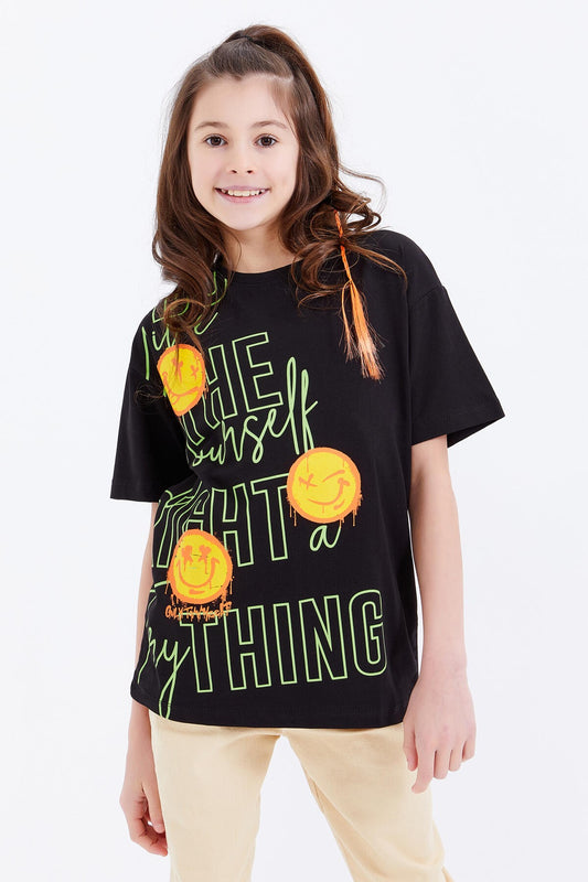 Black Oversize Emoji Print O Neck Drop Shoulder Girls' T-Shirt - 75042
