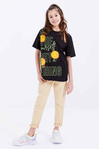 Black Oversize Emoji Print O Neck Drop Shoulder Girls' T-Shirt - 75042