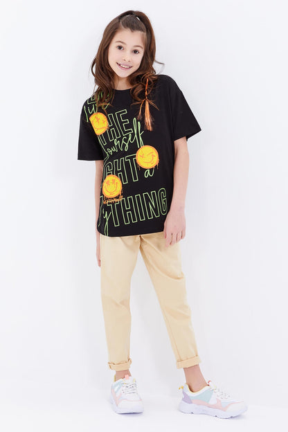 Black Oversize Emoji Print O Neck Drop Shoulder Girls' T-Shirt - 75042