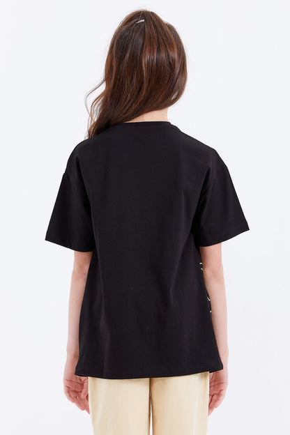 Black Oversize Emoji Print O Neck Drop Shoulder Girls' T-Shirt - 75042