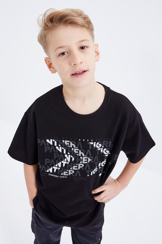 Black Oversize Printed Short Sleeve O Neck Boy's T-Shirt - 10930