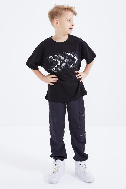 Black Oversize Printed Short Sleeve O Neck Boy's T-Shirt - 10930