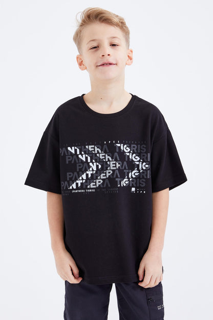 Black Oversize Printed Short Sleeve O Neck Boy's T-Shirt - 10930