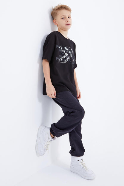 Black Oversize Printed Short Sleeve O Neck Boy's T-Shirt - 10930