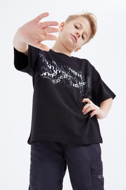 Black Oversize Printed Short Sleeve O Neck Boy's T-Shirt - 10930