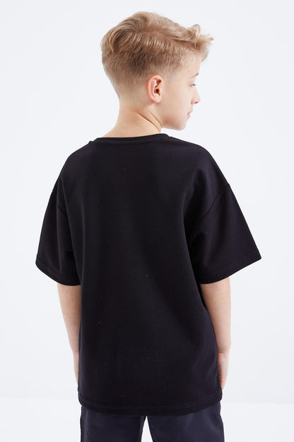 Black Oversize Printed Short Sleeve O Neck Boy's T-Shirt - 10930
