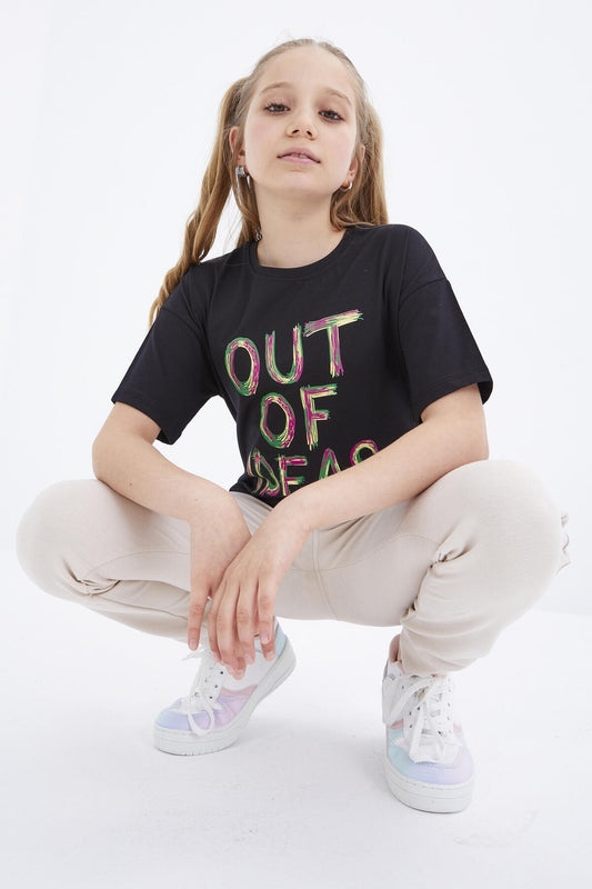 Black Oversize Print O Collar Drop Shoulder Girl's T-Shirt - 75028