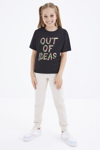 Black Oversize Print O Collar Drop Shoulder Girl's T-Shirt - 75028