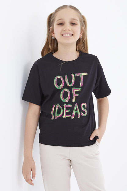 Black Oversize Print O Collar Drop Shoulder Girl's T-Shirt - 75028