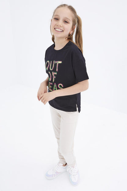 Black Oversize Print O Collar Drop Shoulder Girl's T-Shirt - 75028