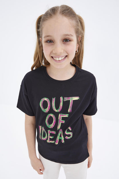 Black Oversize Print O Collar Drop Shoulder Girl's T-Shirt - 75028